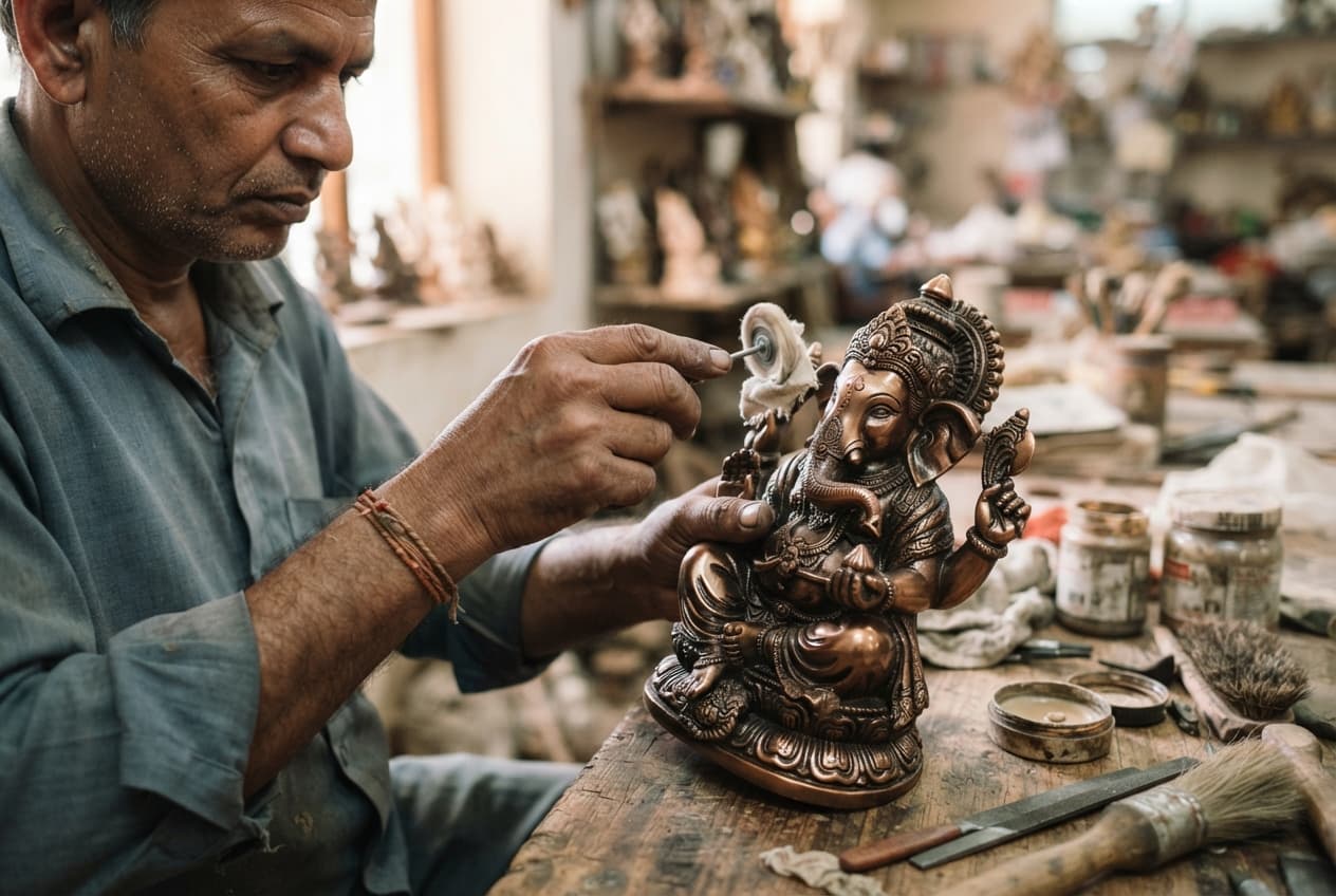 A sculptor hand-finishing a copper Ganesha murti