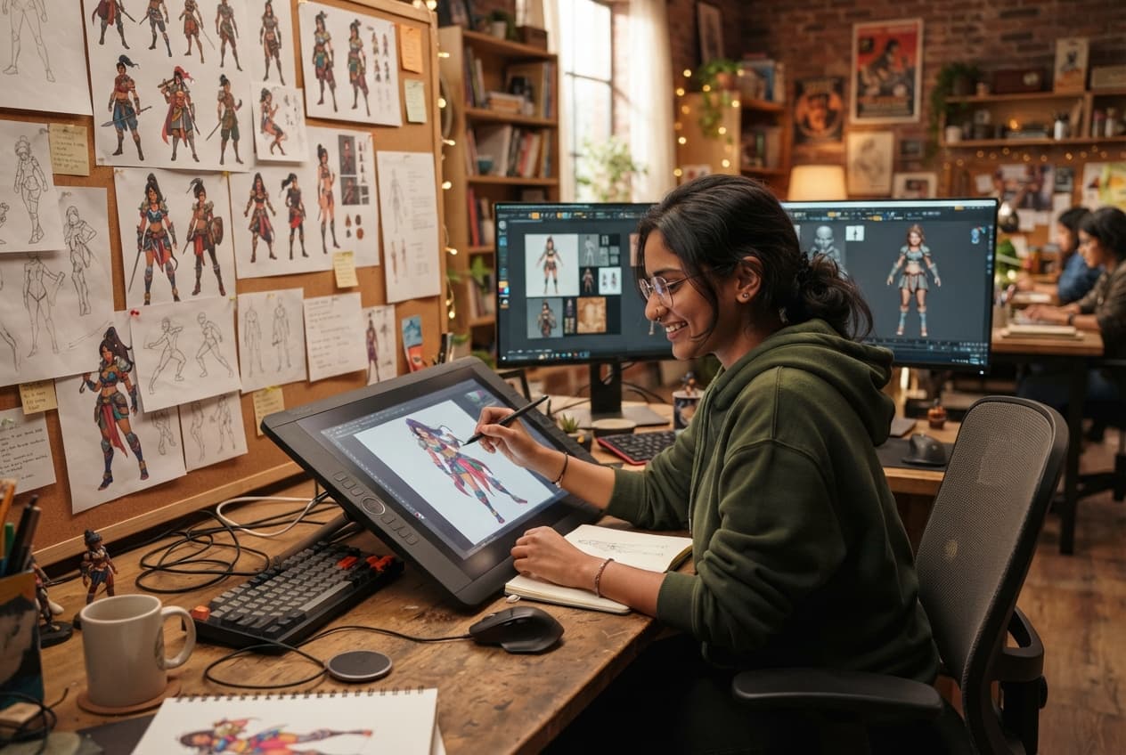 A character artist drawing stylised concept sheets on a pen display
