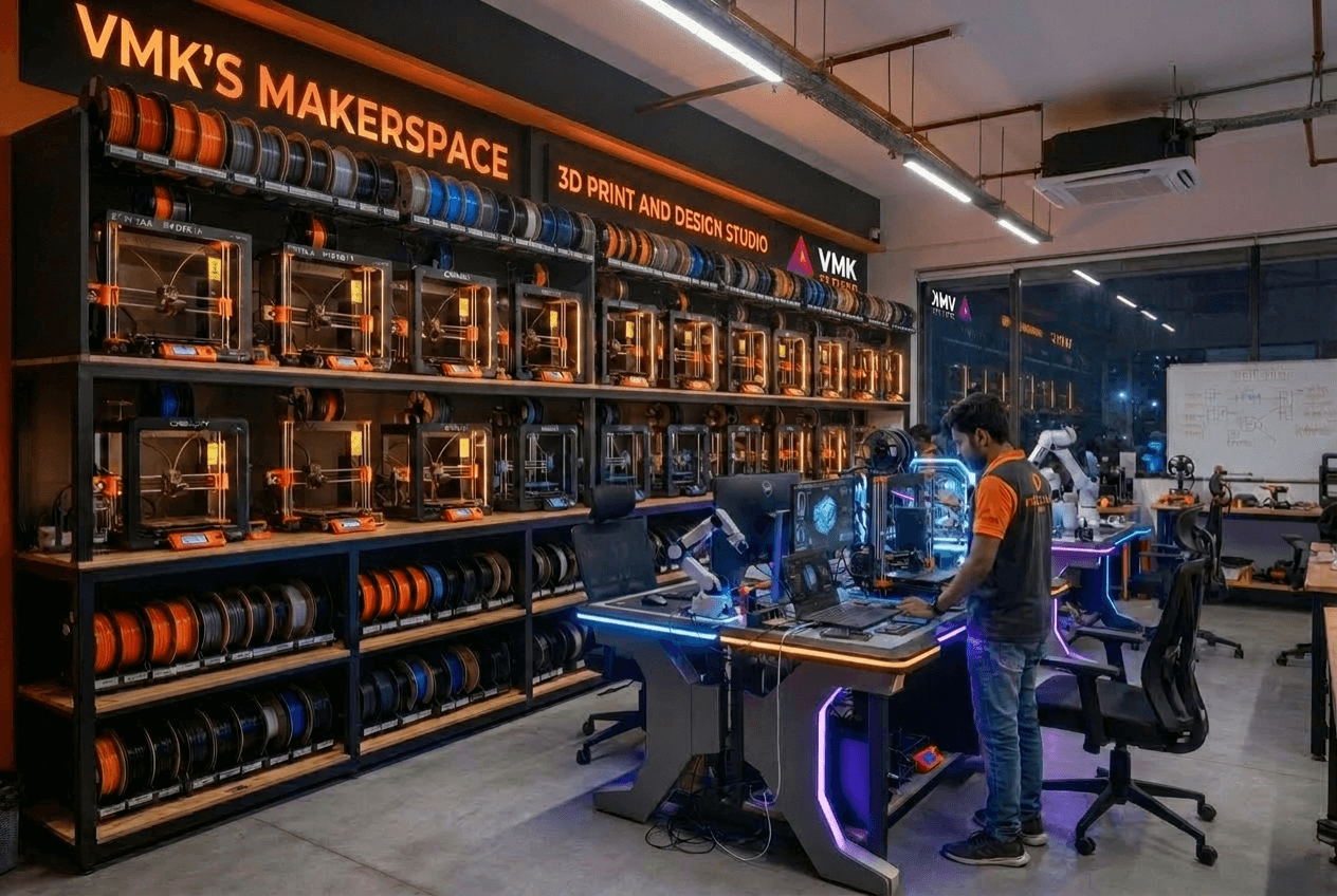 Inside the VMK MakerSpace — a wall of 3D printers and filament spools